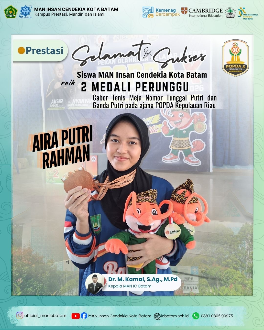 Siswi MAN Insan Cendekia Kota Batam Raih Dua Medali Perunggu pada POPDA X Kepulauan Riau Cabang Tenis Meja
